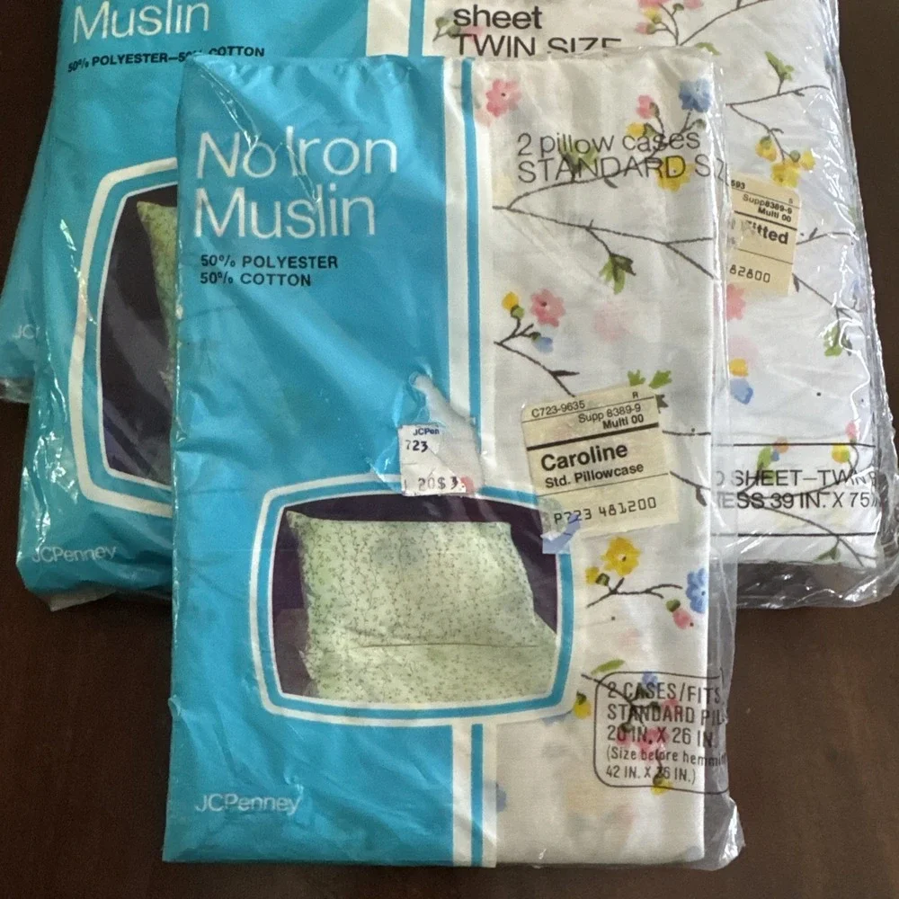 Vintage Sheet Set TWIN Flat Full +‎ Pillowcases JC Penny New White Petite Floral